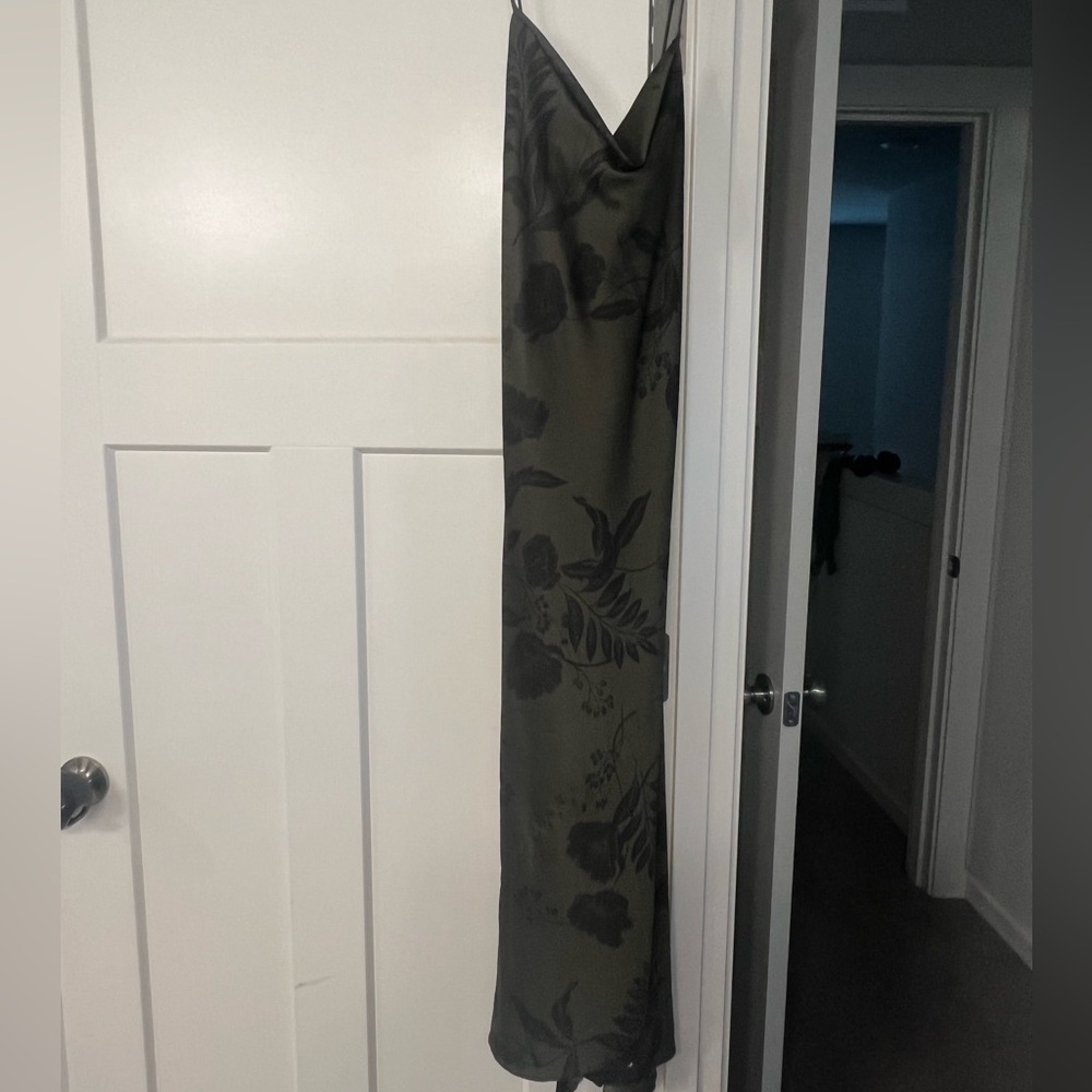 Dark green floral cowl neck midi dress with slit